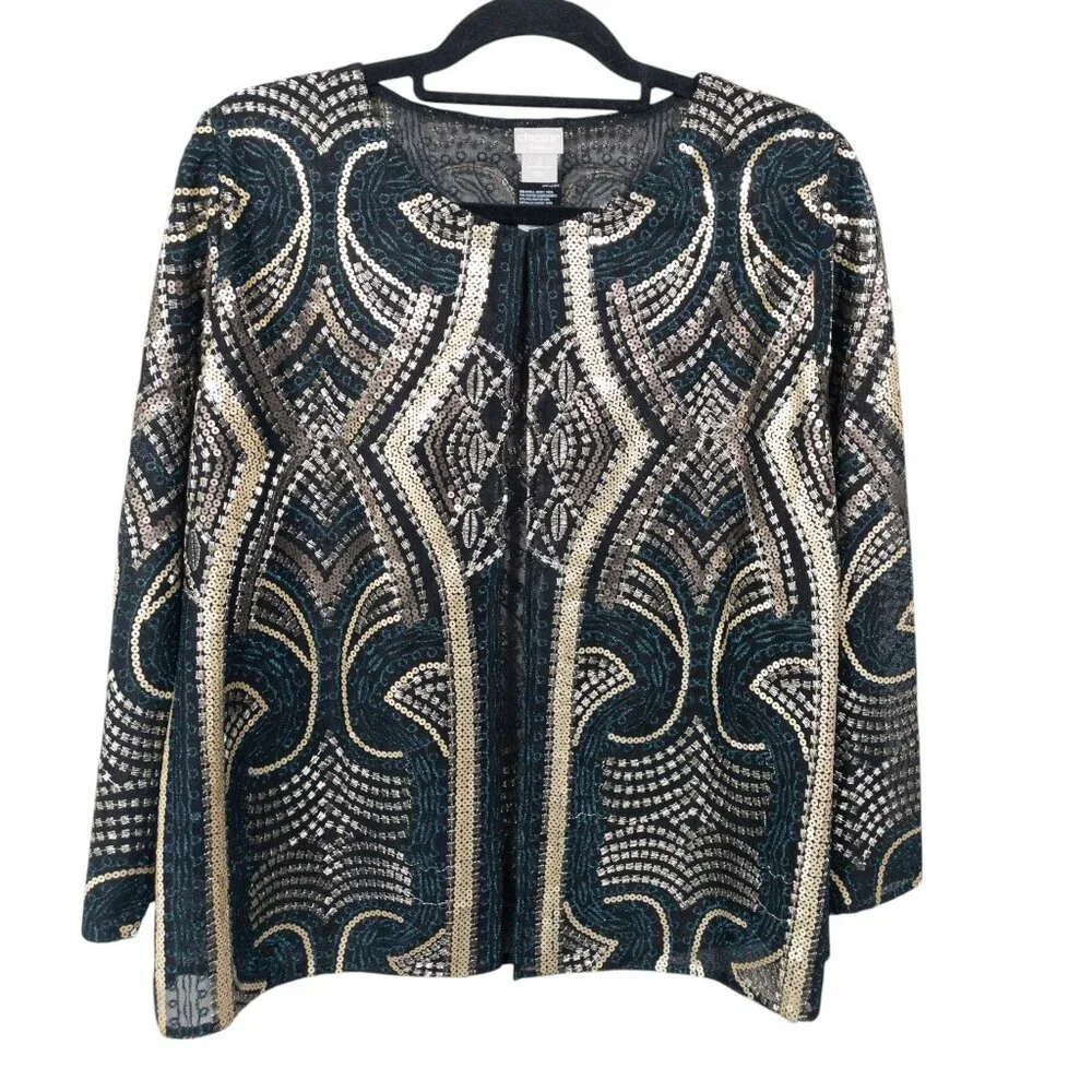 Chico's Sheer Open Jacket Travelers Collection Gold Black Geometric SZ L Sequin - Picture 1 of 11